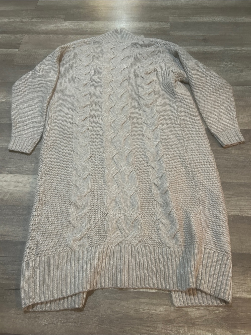 Express Women’s Cardigan Long Length Open Front Cable Knit Taupe Size Small - Picture 10 of 11